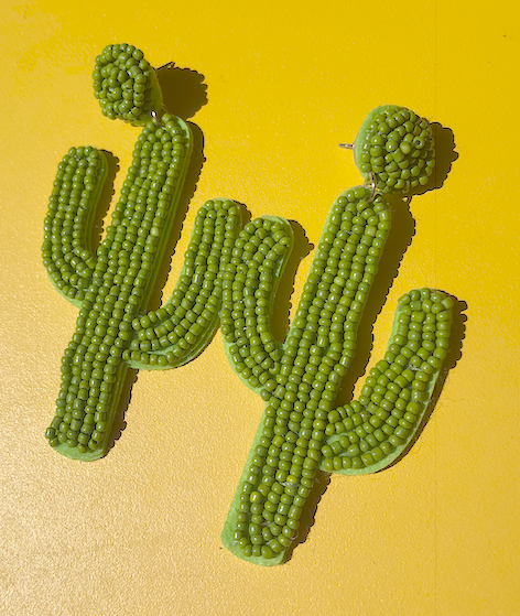 Green Beaded Cactus Earrings
