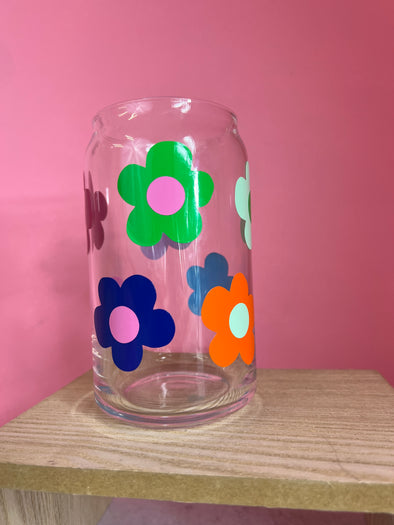 Retro Flowers Multicolor Beer Can Glass