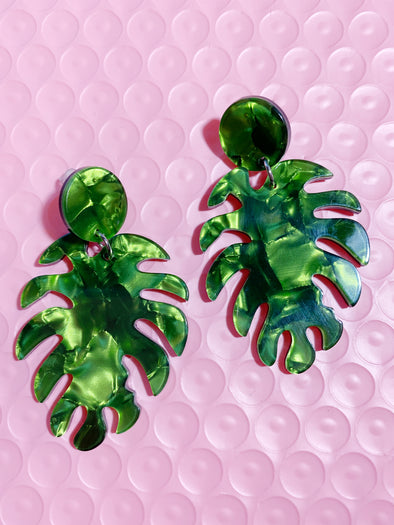 Green Monstera Leaf Earrings