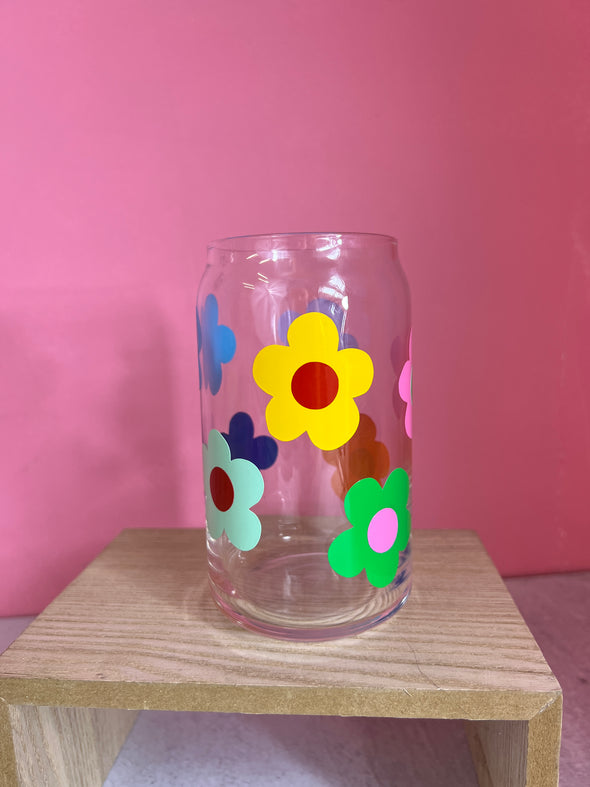 Retro Flowers Multicolor Beer Can Glass