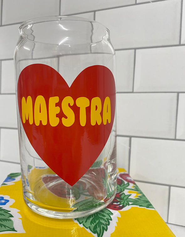 Maestra Beer Can Glass | Libbey Glass | Yellow on Red