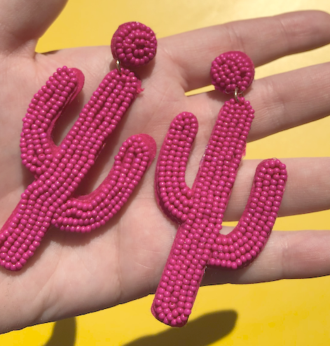 Hot Pink Beaded Cactus Earrings