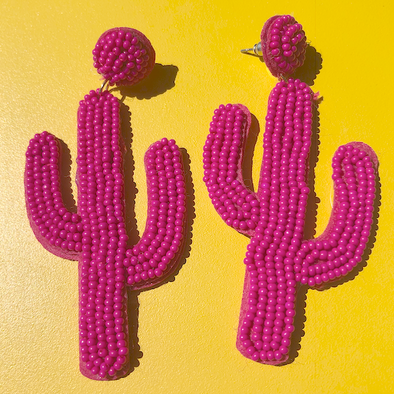 Hot Pink Beaded Cactus Earrings