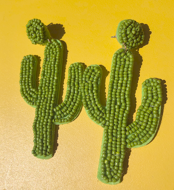 Green Beaded Cactus Earrings