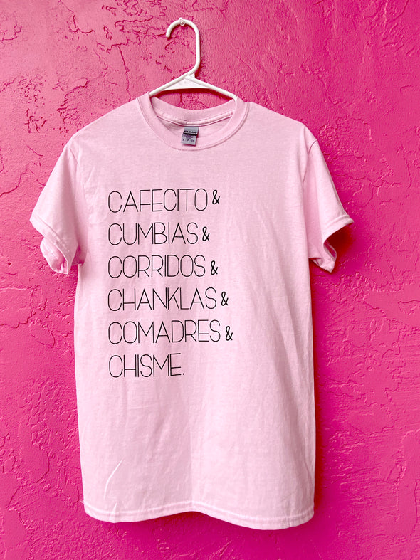 Favorite Things Tee Shirt (Pink) | Cafecito Cumbias Corridos Chanklas Comadres Chisme