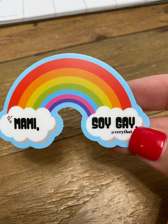Mami Soy Gay Rainbow Sticker with blue background